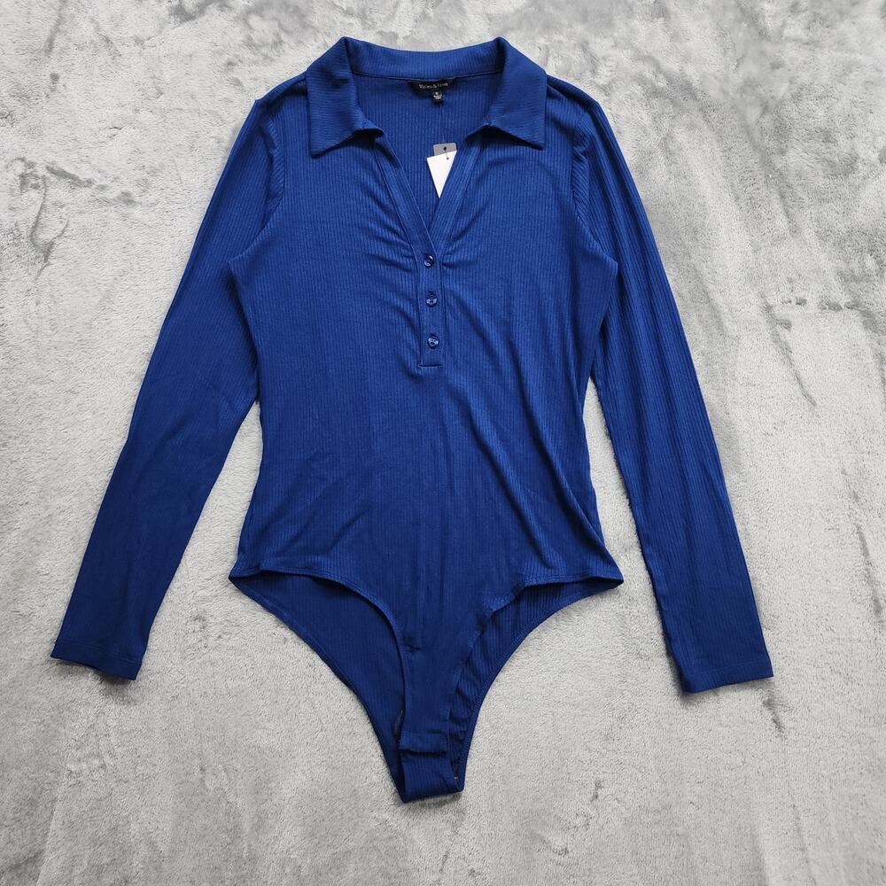 NEW Violets & Roses Top Womens S Blue Ribbed Knit Long Sleeve Collared Bodysuit